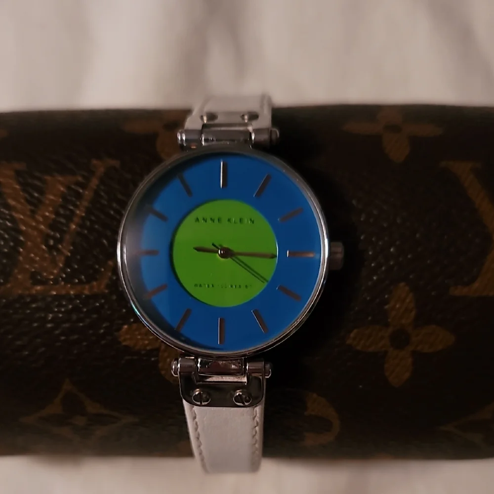 Anne Klein 10/9987 White Genuine Leather Band‎ Blue-Green Dial Women's Watch